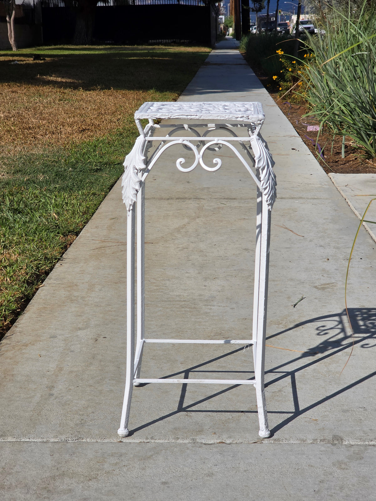 Vintage Cast Iron Wrought Plant Stand Tall Square White Victorian Leaf Hollywood