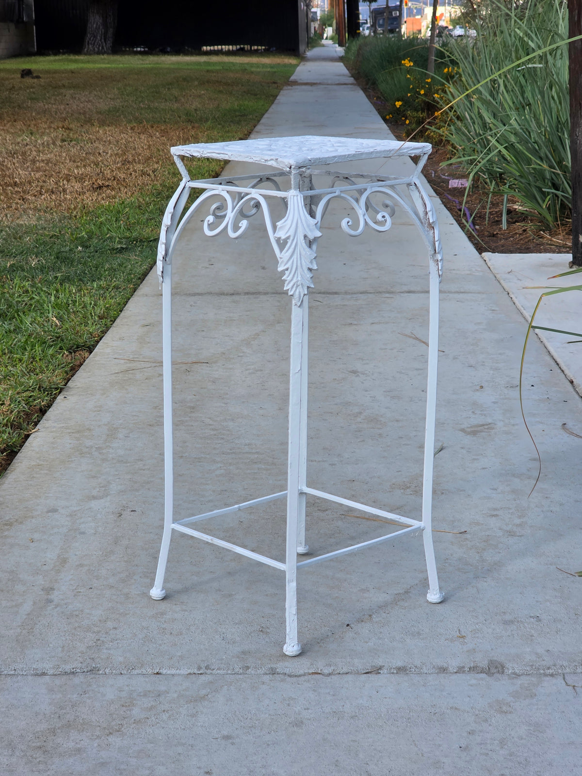Vintage Cast Iron Wrought Plant Stand Tall Square White Victorian Leaf Hollywood