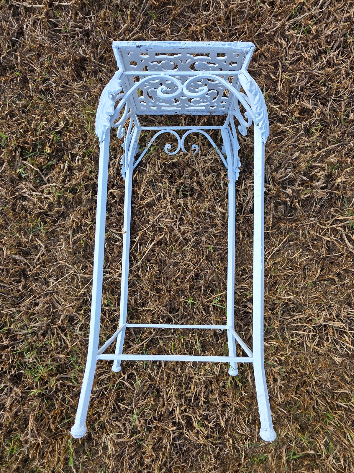 Vintage Cast Iron Wrought Plant Stand Tall Square White Victorian Leaf Hollywood