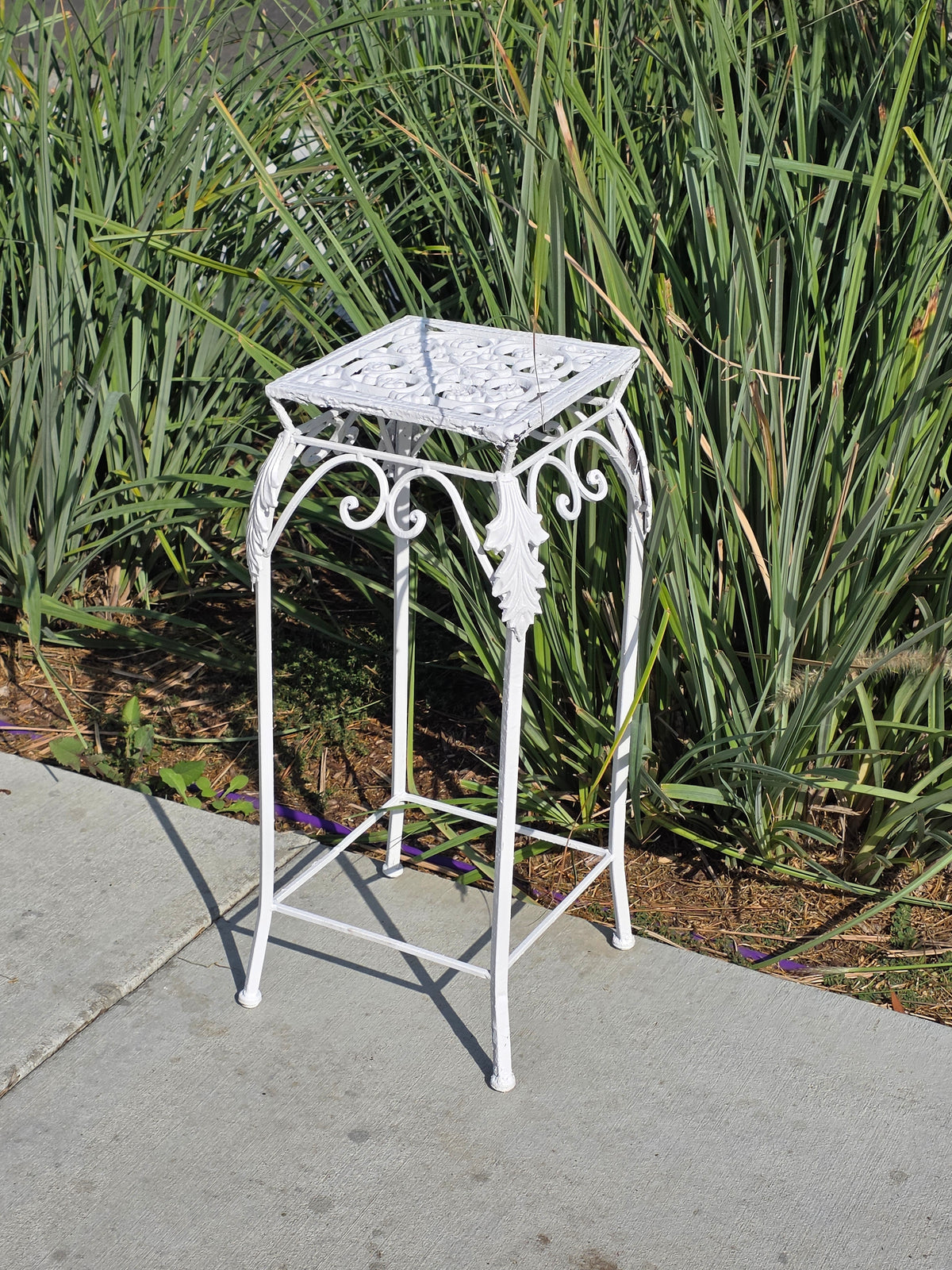 Vintage Cast Iron Wrought Plant Stand Tall Square White Victorian Leaf Hollywood