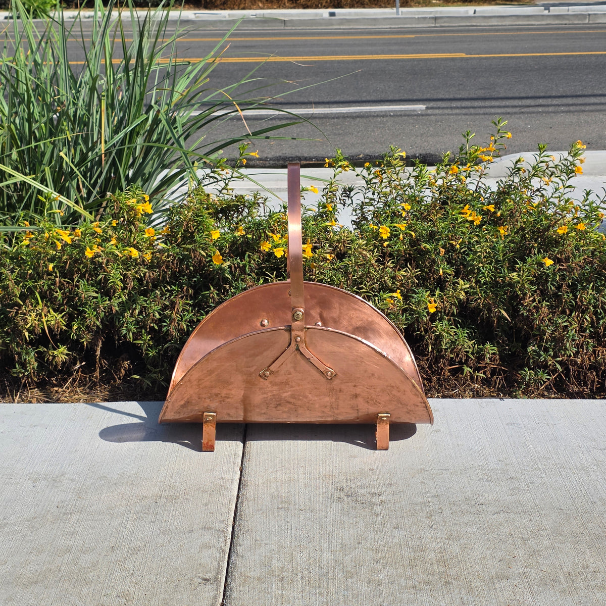 Vtg Copper Fireplace Log Holder Basket Brass Handle Firewood Carrier Bucket 24"