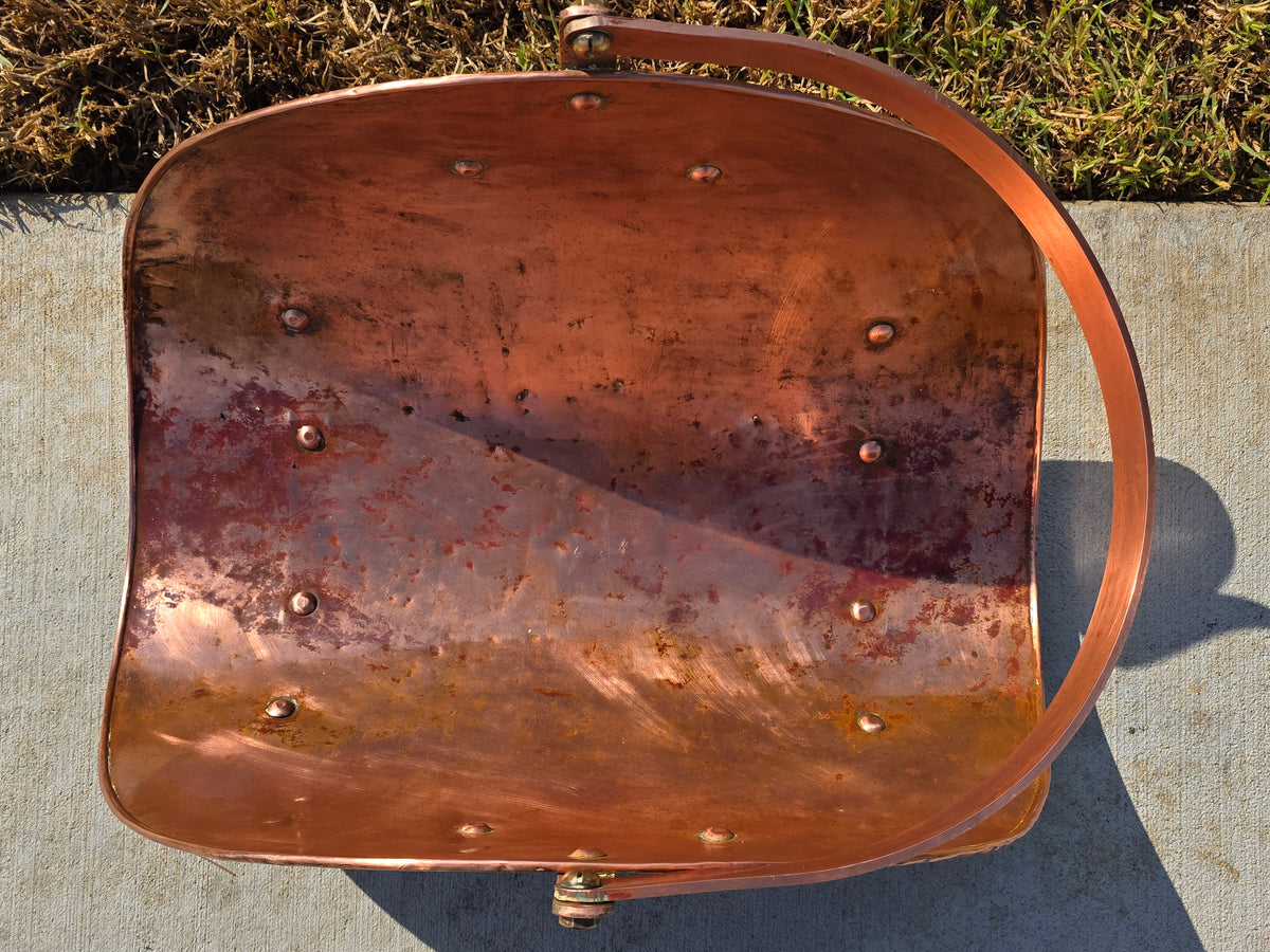 Vtg Copper Fireplace Log Holder Basket Brass Handle Firewood Carrier Bucket 24"