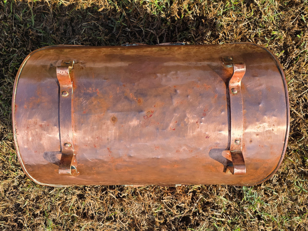 Vtg Copper Fireplace Log Holder Basket Brass Handle Firewood Carrier Bucket 24"