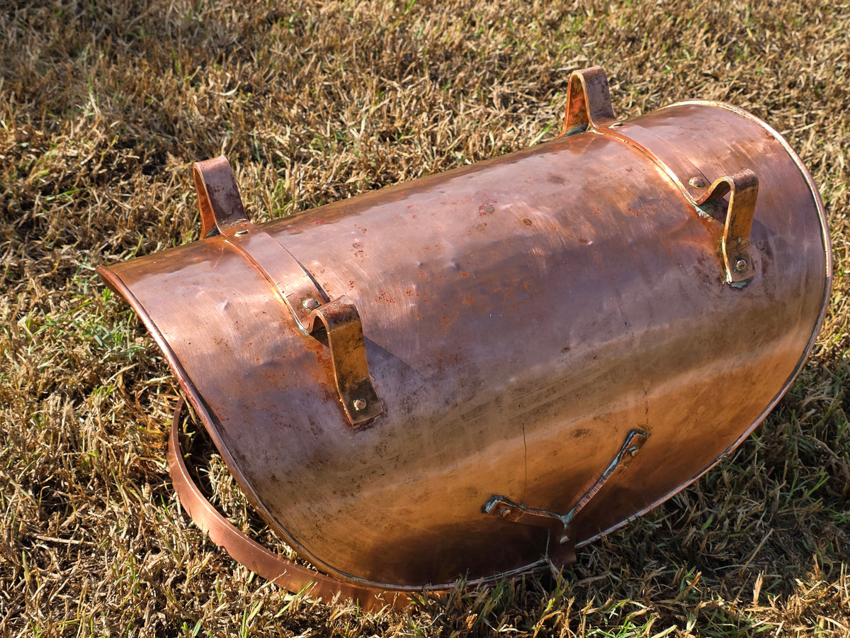 Vtg Copper Fireplace Log Holder Basket Brass Handle Firewood Carrier Bucket 24"