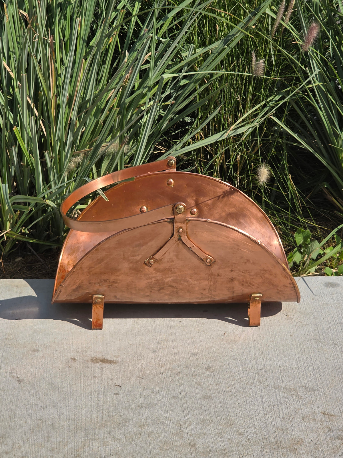 Vtg Copper Fireplace Log Holder Basket Brass Handle Firewood Carrier Bucket 24"