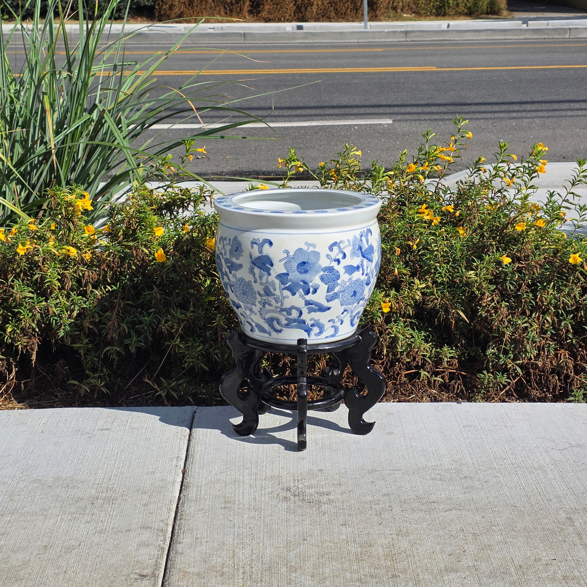 Chinoiserie Blue White Porcelain Fishbowl Planter 14" Flower Pot Vase with Stand