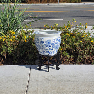 Chinoiserie Blue White Porcelain Fishbowl Planter 14" Flower Pot Vase with Stand