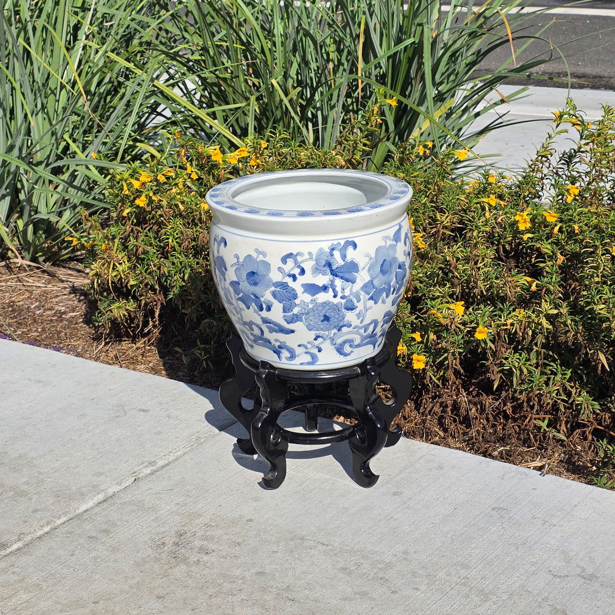 Chinoiserie Blue White Porcelain Fishbowl Planter 14" Flower Pot Vase with Stand