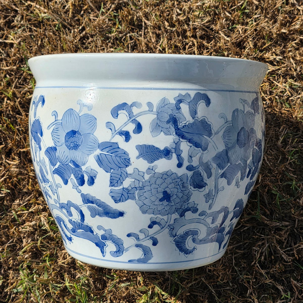 Chinoiserie Blue White Porcelain Fishbowl Planter 14" Flower Pot Vase with Stand