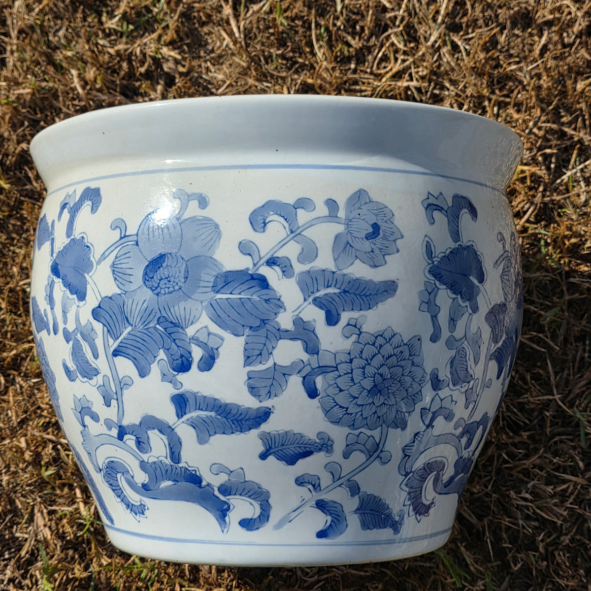 Chinoiserie Blue White Porcelain Fishbowl Planter 14" Flower Pot Vase with Stand