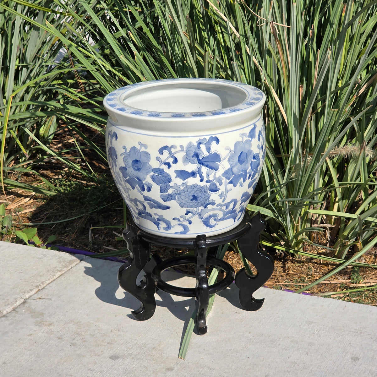 Chinoiserie Blue White Porcelain Fishbowl Planter 14" Flower Pot Vase with Stand