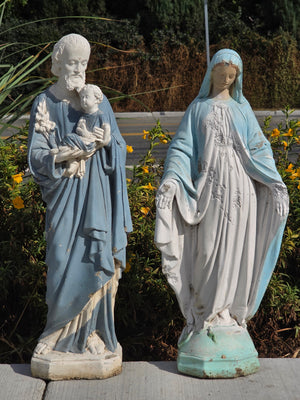 Vintage Concrete Mary Joseph Statues Pair Cement Garden Religious Madonna Jesus
