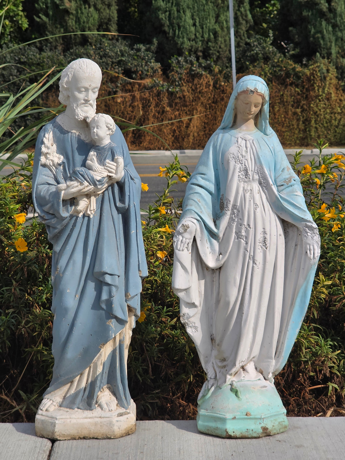Vintage Concrete Mary Joseph Statues Pair Cement Garden Religious Madonna Jesus