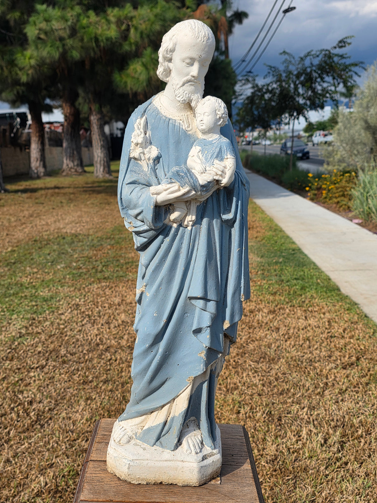 Vintage Concrete Mary Joseph Statues Pair Cement Garden Religious Madonna Jesus