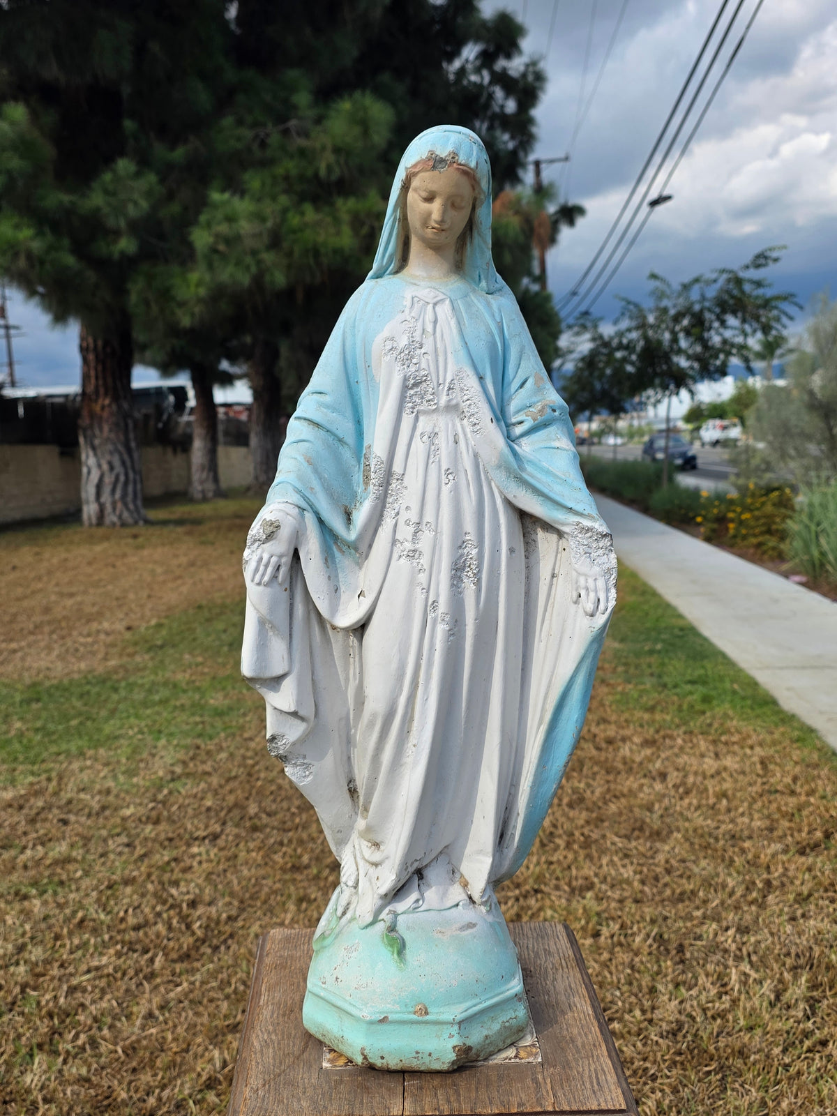 Vintage Concrete Mary Joseph Statues Pair Cement Garden Religious Madonna Jesus
