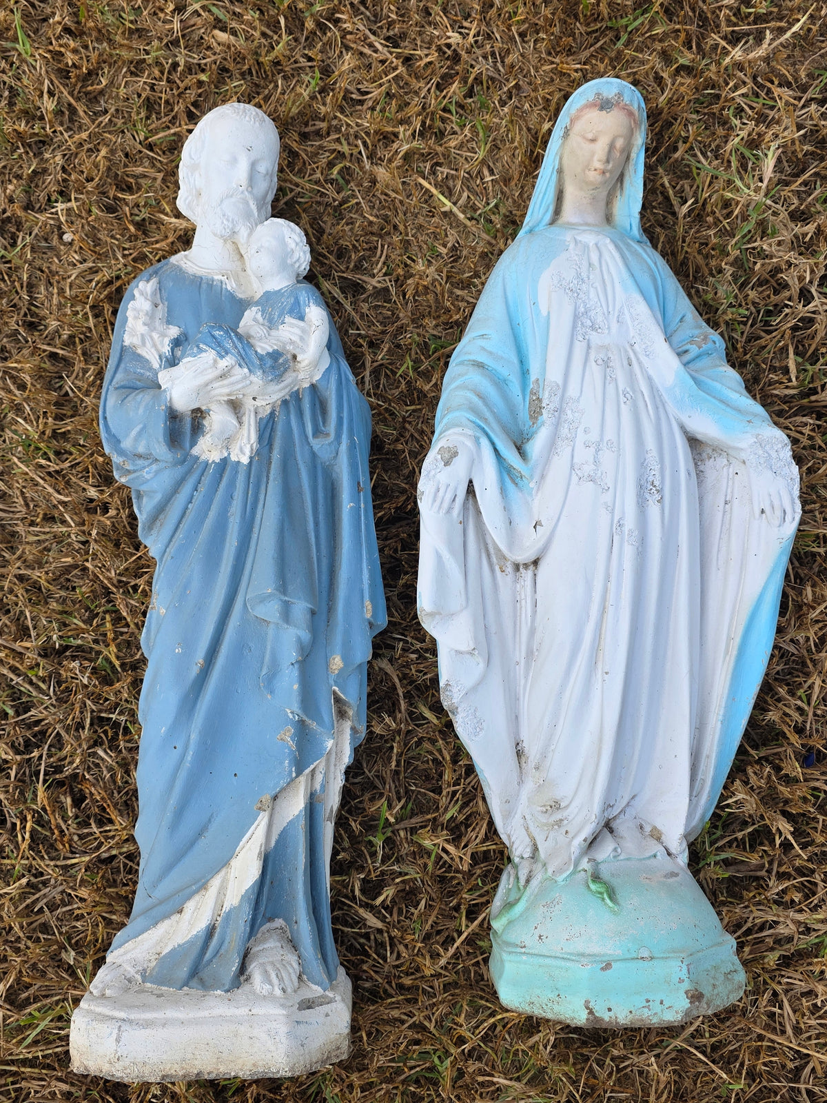 Vintage Concrete Mary Joseph Statues Pair Cement Garden Religious Madonna Jesus