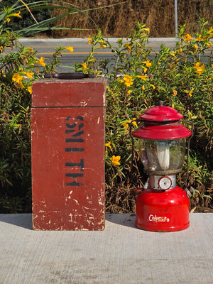 Vintage 1963 Coleman 200A Lantern 6/63 Red Letter PYREX Globe Wooden Case Used