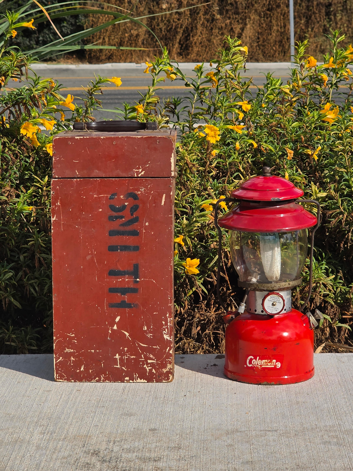 Vintage 1963 Coleman 200A Lantern 6/63 Red Letter PYREX Globe Wooden Case Used