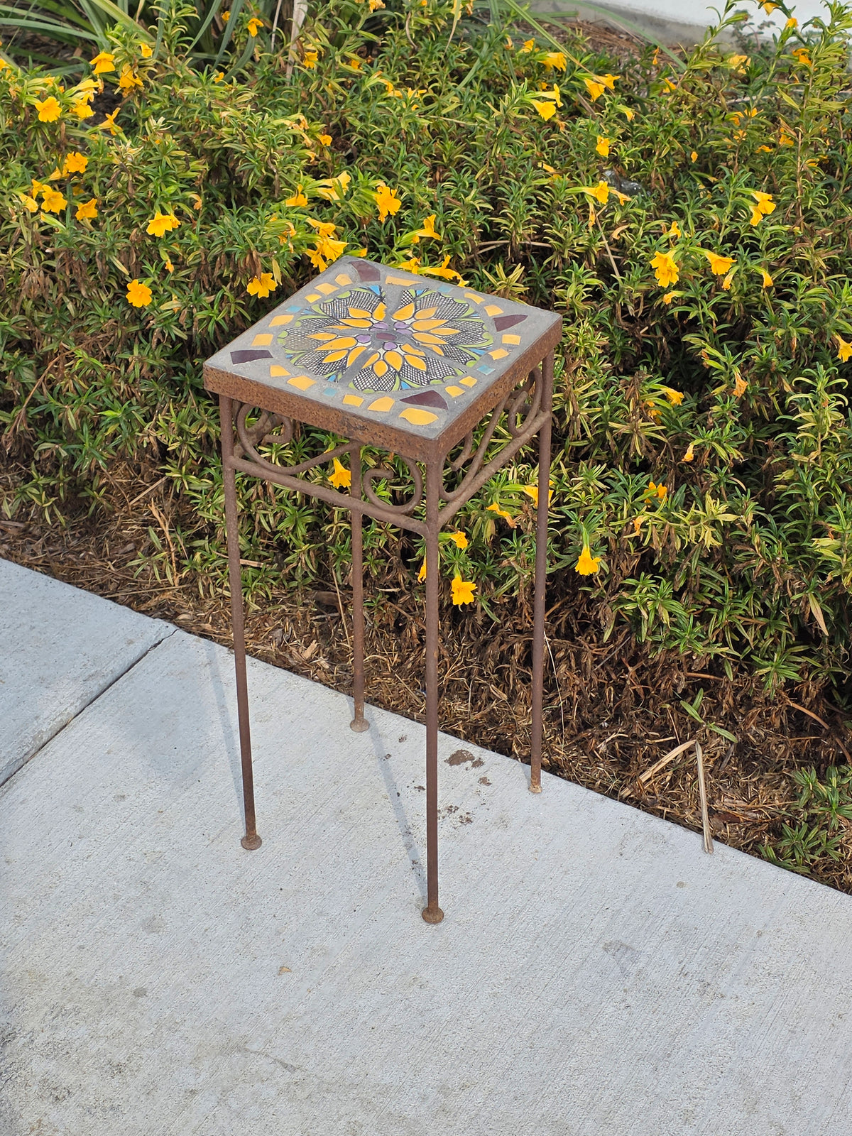 Mosaic Tile Top Plant Stand Square Sunflower Iron Rustic Garden Vintage