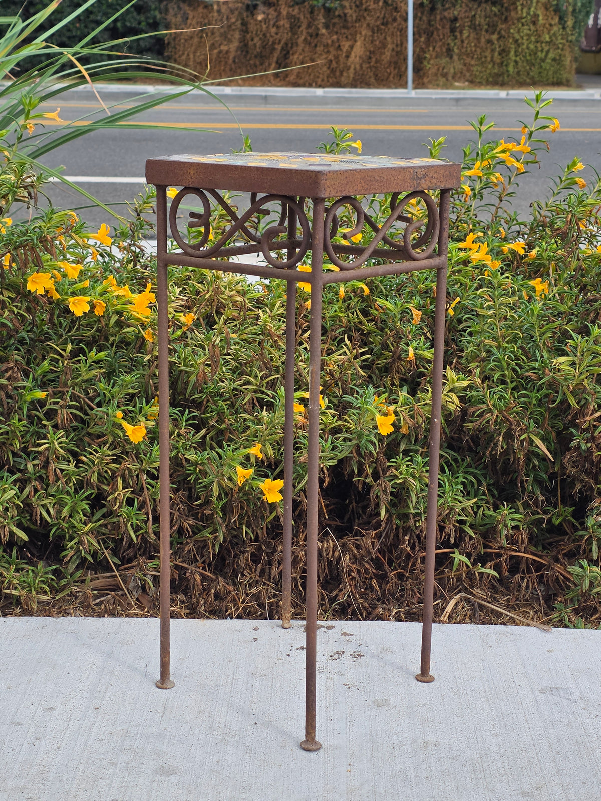 Mosaic Tile Top Plant Stand Square Sunflower Iron Rustic Garden Vintage