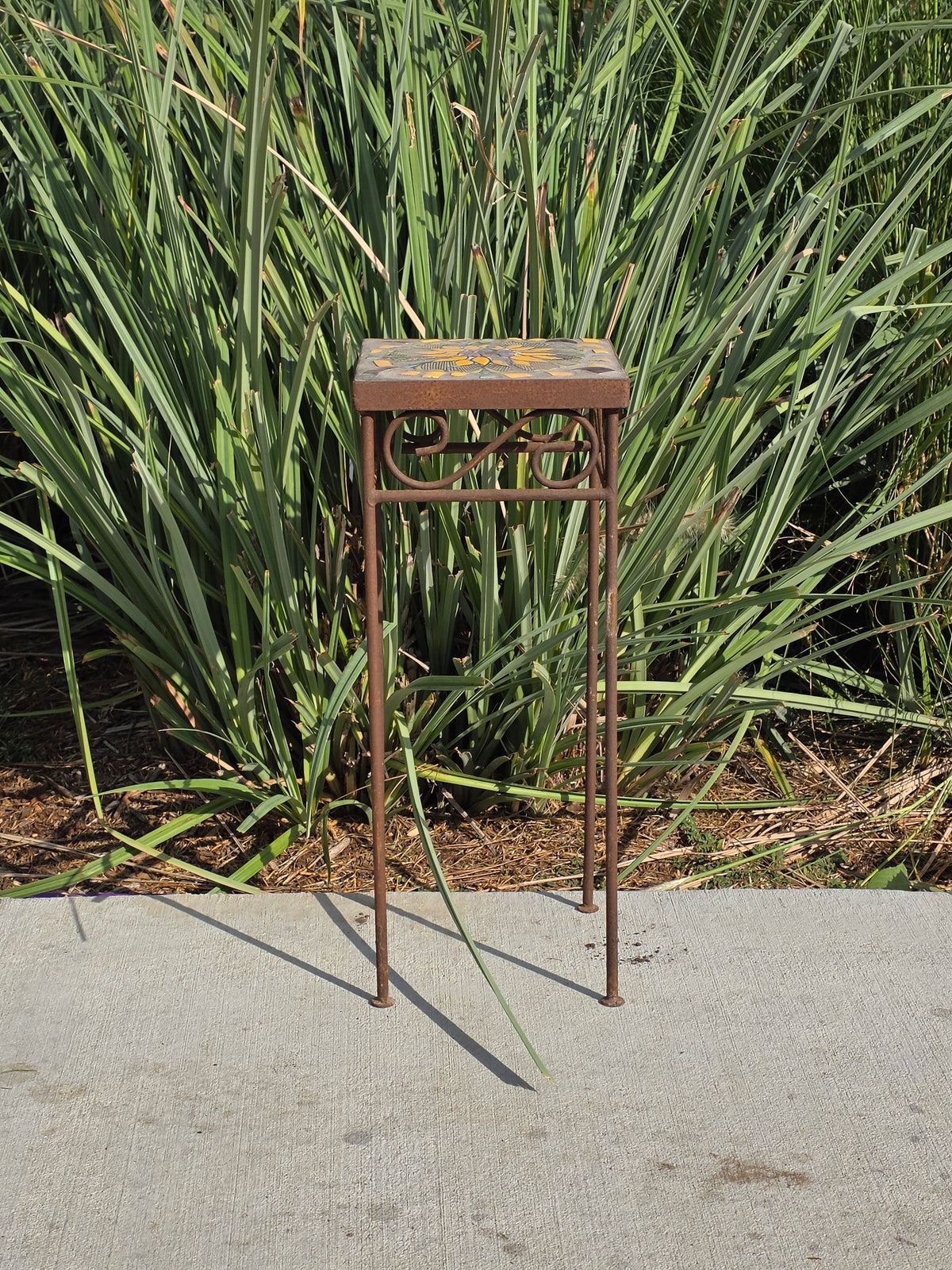 Mosaic Tile Top Plant Stand Square Sunflower Iron Rustic Garden Vintage