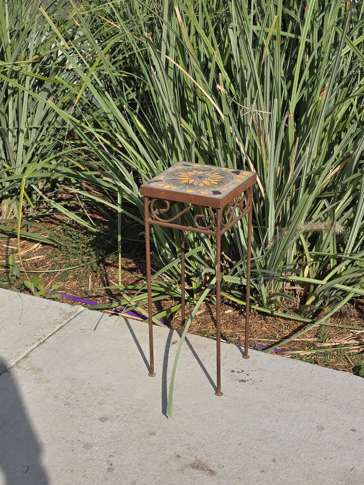 Mosaic Tile Top Plant Stand Square Sunflower Iron Rustic Garden Vintage