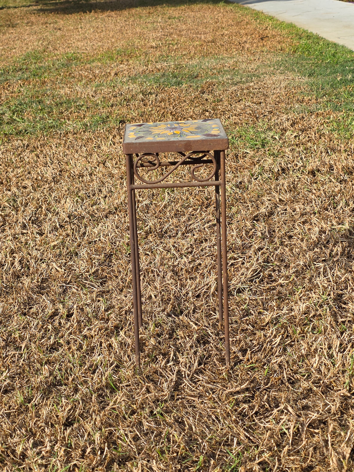 Mosaic Tile Top Plant Stand Square Sunflower Iron Rustic Garden Vintage