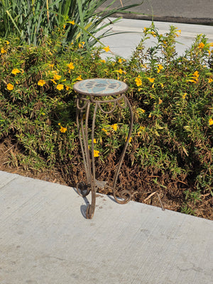 Vtg Round Mosaic Plant Stand Wrought Iron Broken China Patio Accent Table 18"