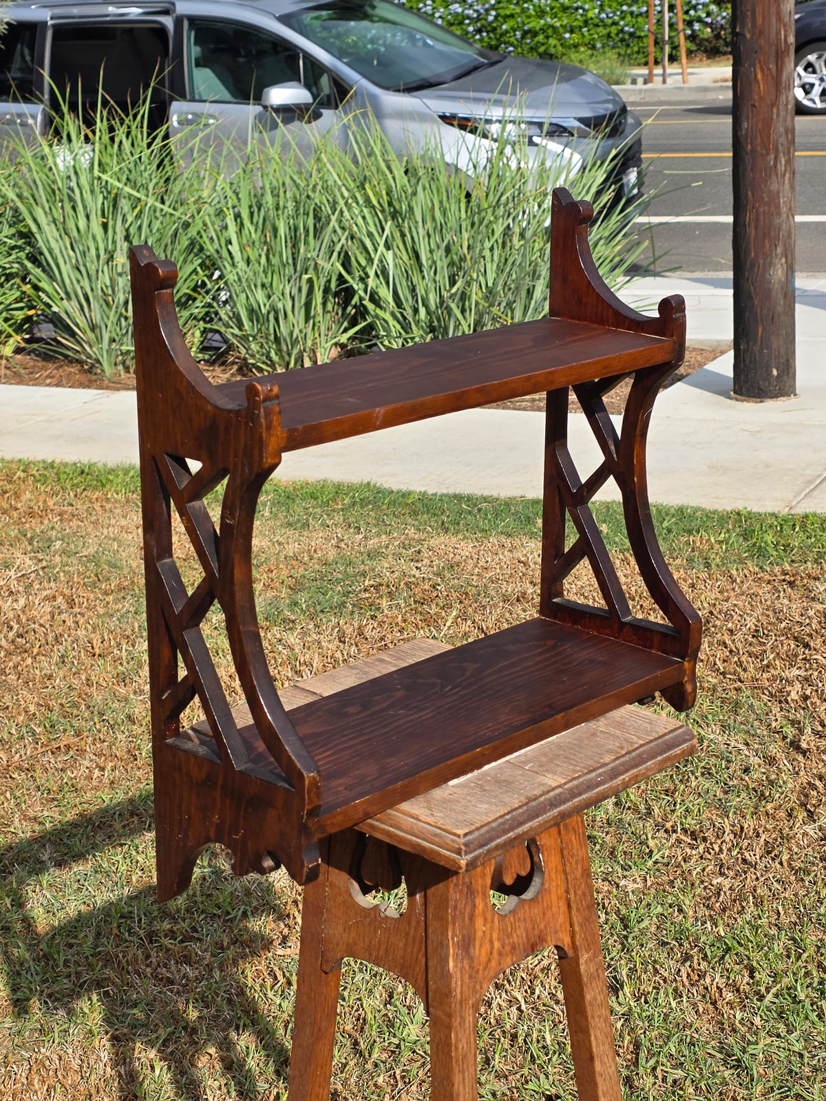 Vintage Chippendale Wood Wall Shelf Fretwork Lattice Spice Rack Brown Hanging