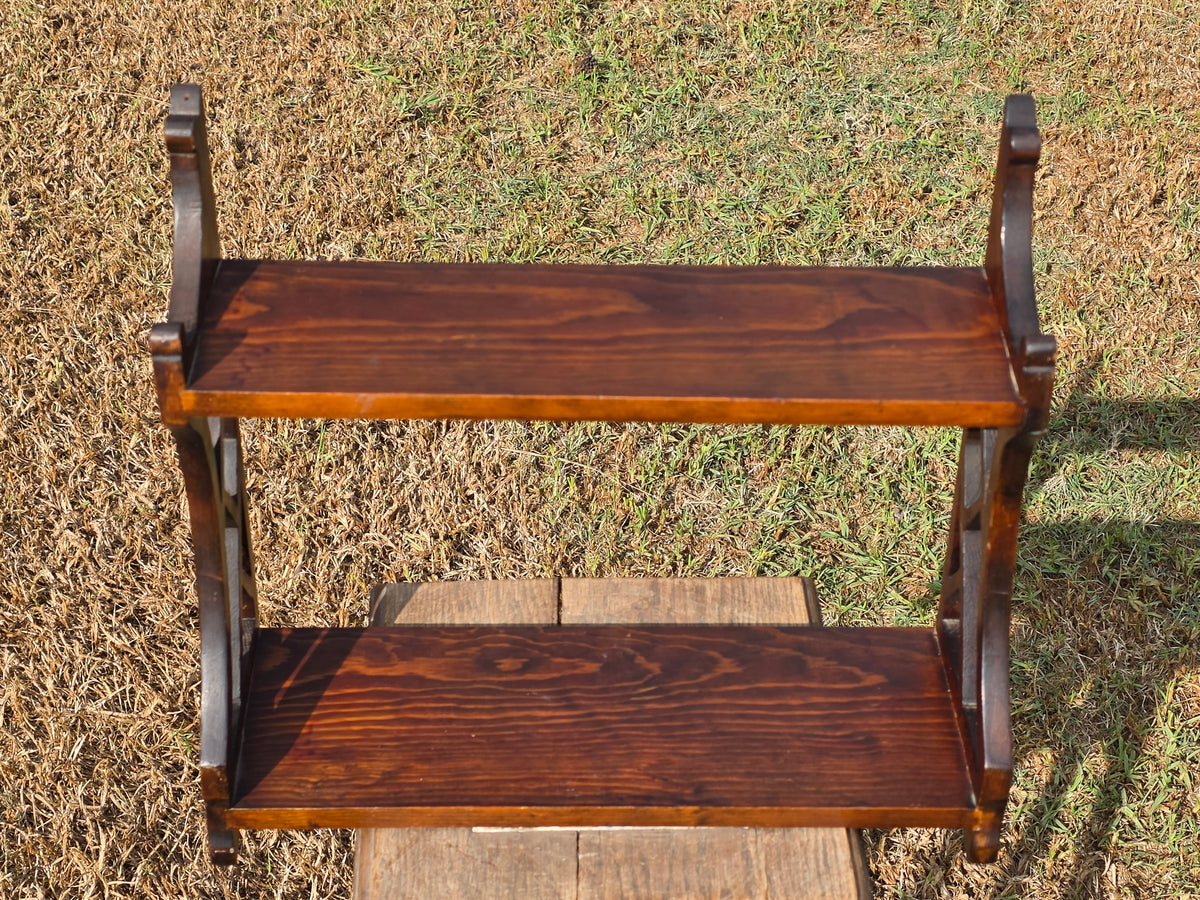 Vintage Chippendale Wood Wall Shelf Fretwork Lattice Spice Rack Brown Hanging