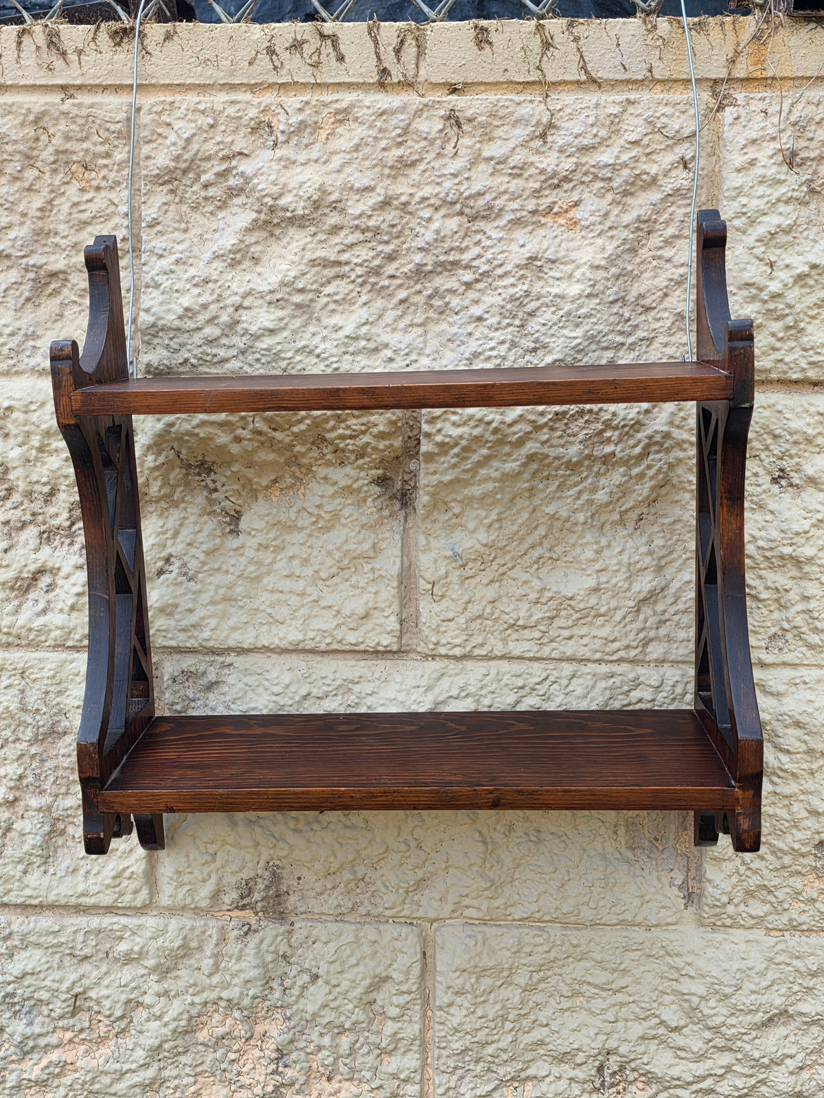 Vintage Chippendale Wood Wall Shelf Fretwork Lattice Spice Rack Brown Hanging