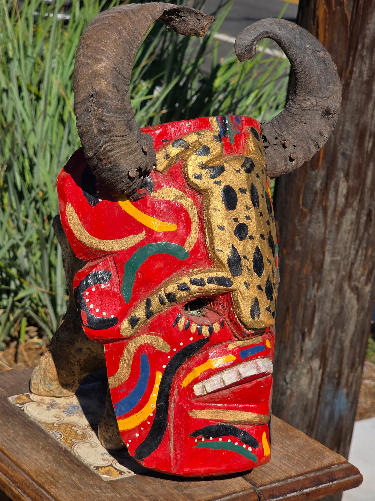 Vintage Guatemalan Diablo Devil Mask Set Real Horns Wood Folk Art Frog Lizard