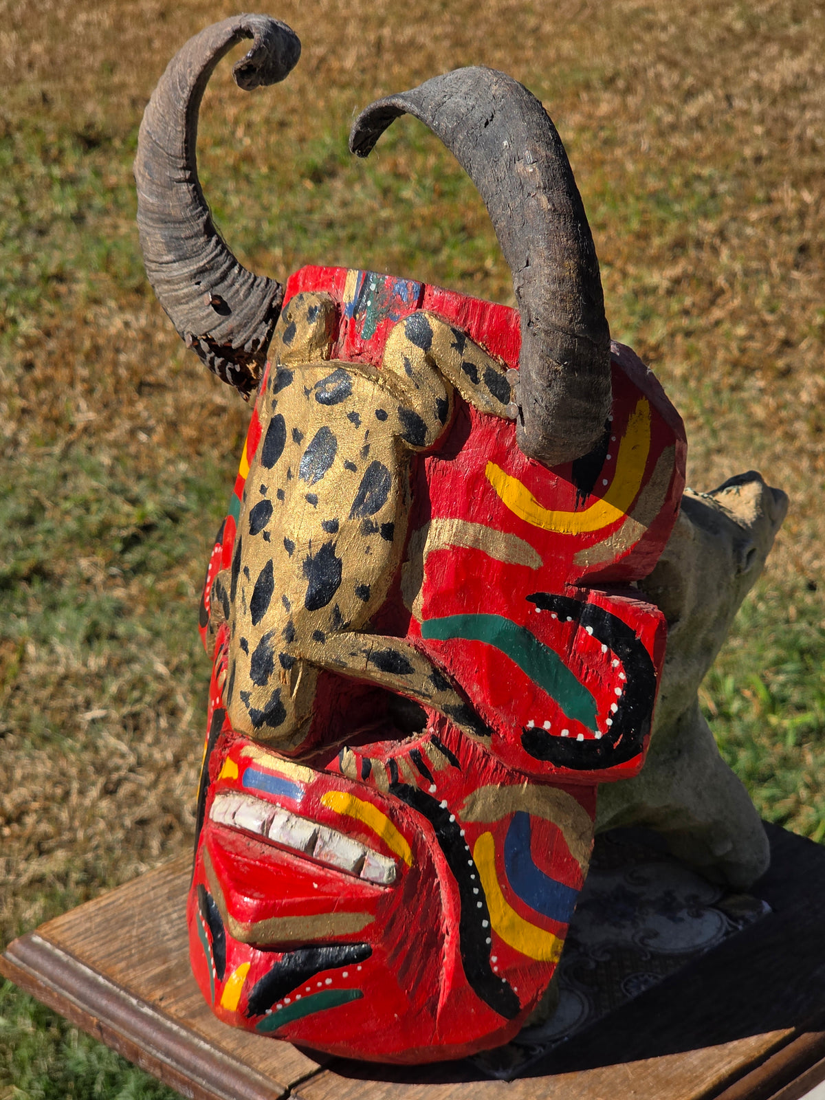 Vintage Guatemalan Diablo Devil Mask Set Real Horns Wood Folk Art Frog Lizard