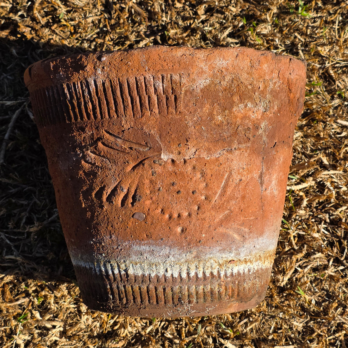 Vintage Mexican Terracotta Planter Large Folk Art Flower Medallion Rustic 12"