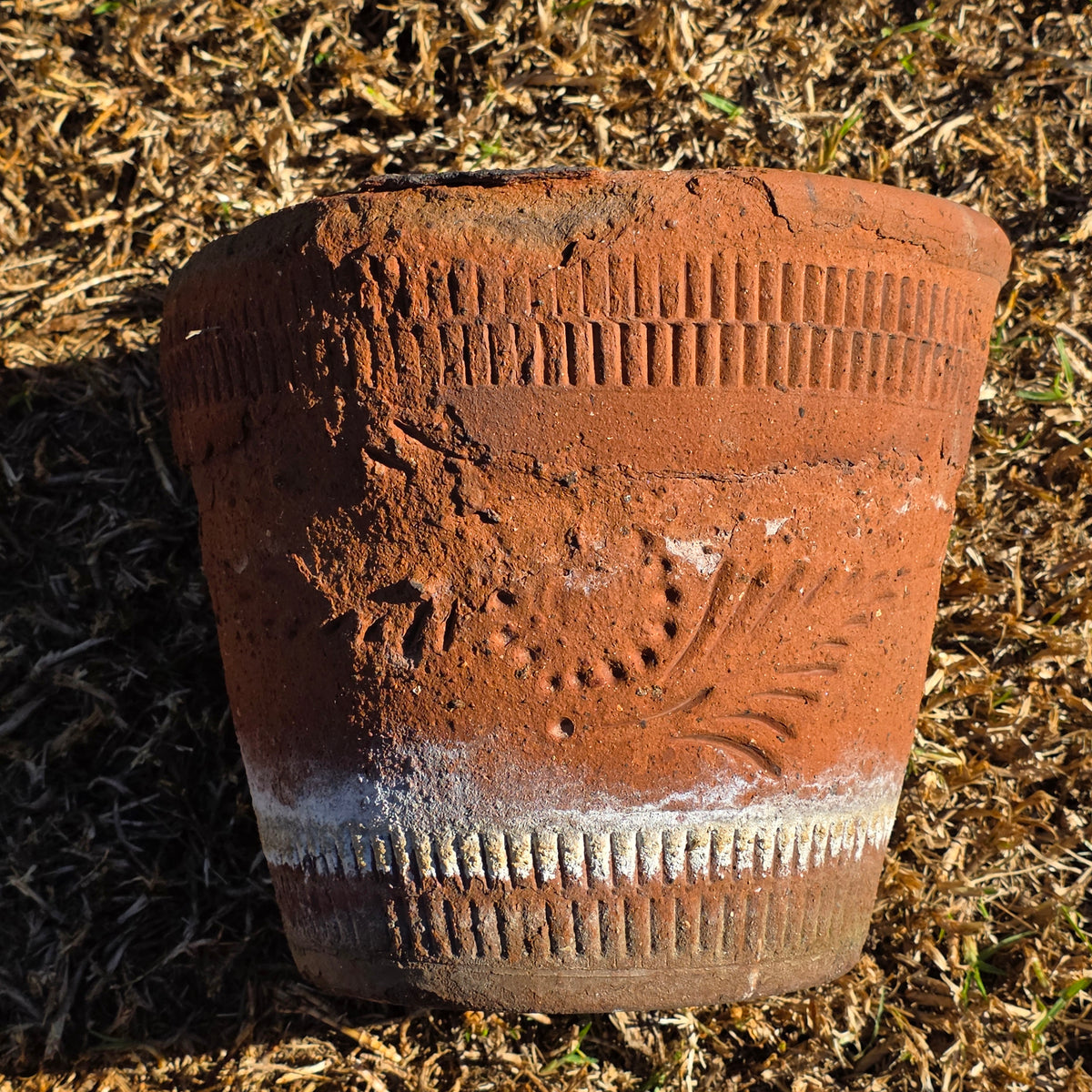 Vintage Mexican Terracotta Planter Large Folk Art Flower Medallion Rustic 12"