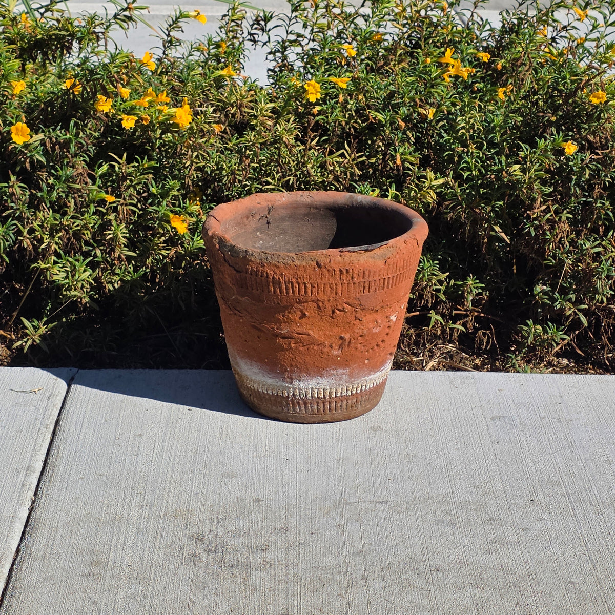Vintage Mexican Terracotta Planter Large Folk Art Flower Medallion Rustic 12"