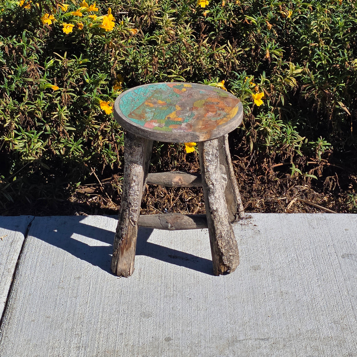 Vintage Adirondack Twig Log Stool Hand Painted Folk Art Chippy Plant Stand 11"