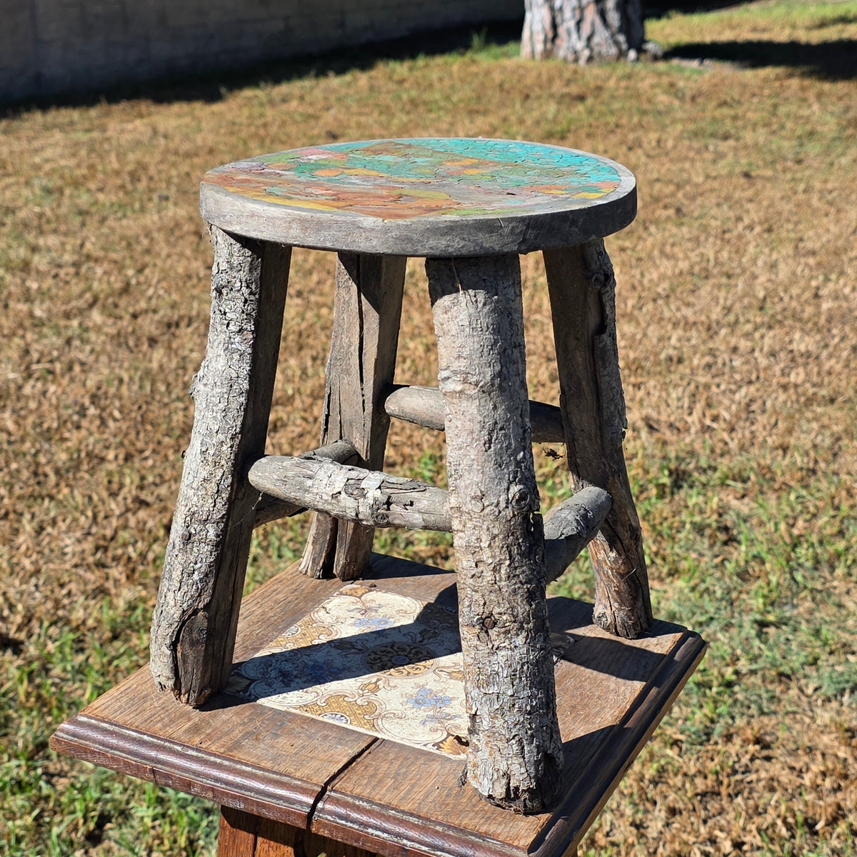 Vintage Adirondack Twig Log Stool Hand Painted Folk Art Chippy Plant Stand 11"