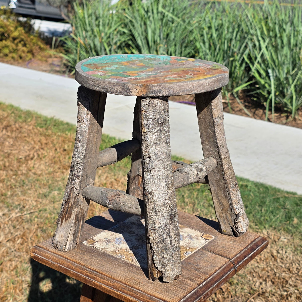 Vintage Adirondack Twig Log Stool Hand Painted Folk Art Chippy Plant Stand 11"