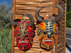 Vintage Guatemalan Diablo Devil Mask Set Real Horns Wood Folk Art Frog Lizard