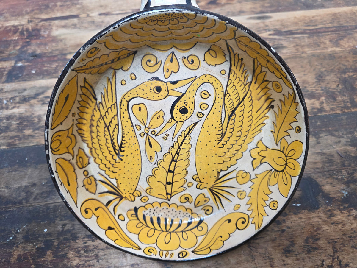 Vtg Mexican Pottery Skillet Pan Tlaquepaque Fantasia Yellow Folk Art Bird 9.25"
