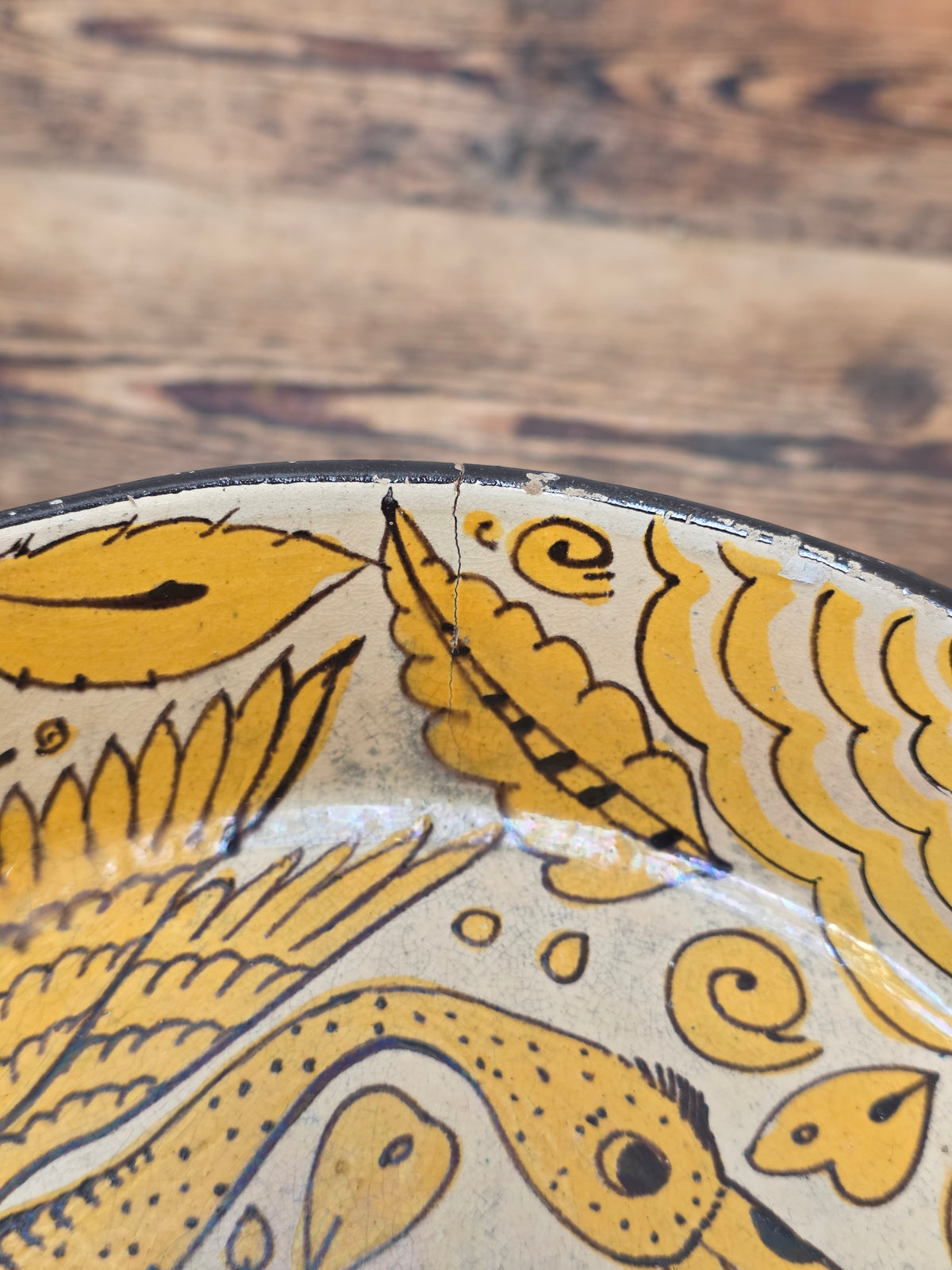 Vtg Mexican Pottery Skillet Pan Tlaquepaque Fantasia Yellow Folk Art Bird 9.25"