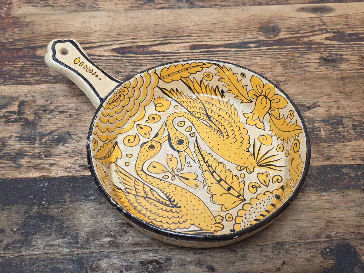 Vtg Mexican Pottery Skillet Pan Tlaquepaque Fantasia Yellow Folk Art Bird 9.25"