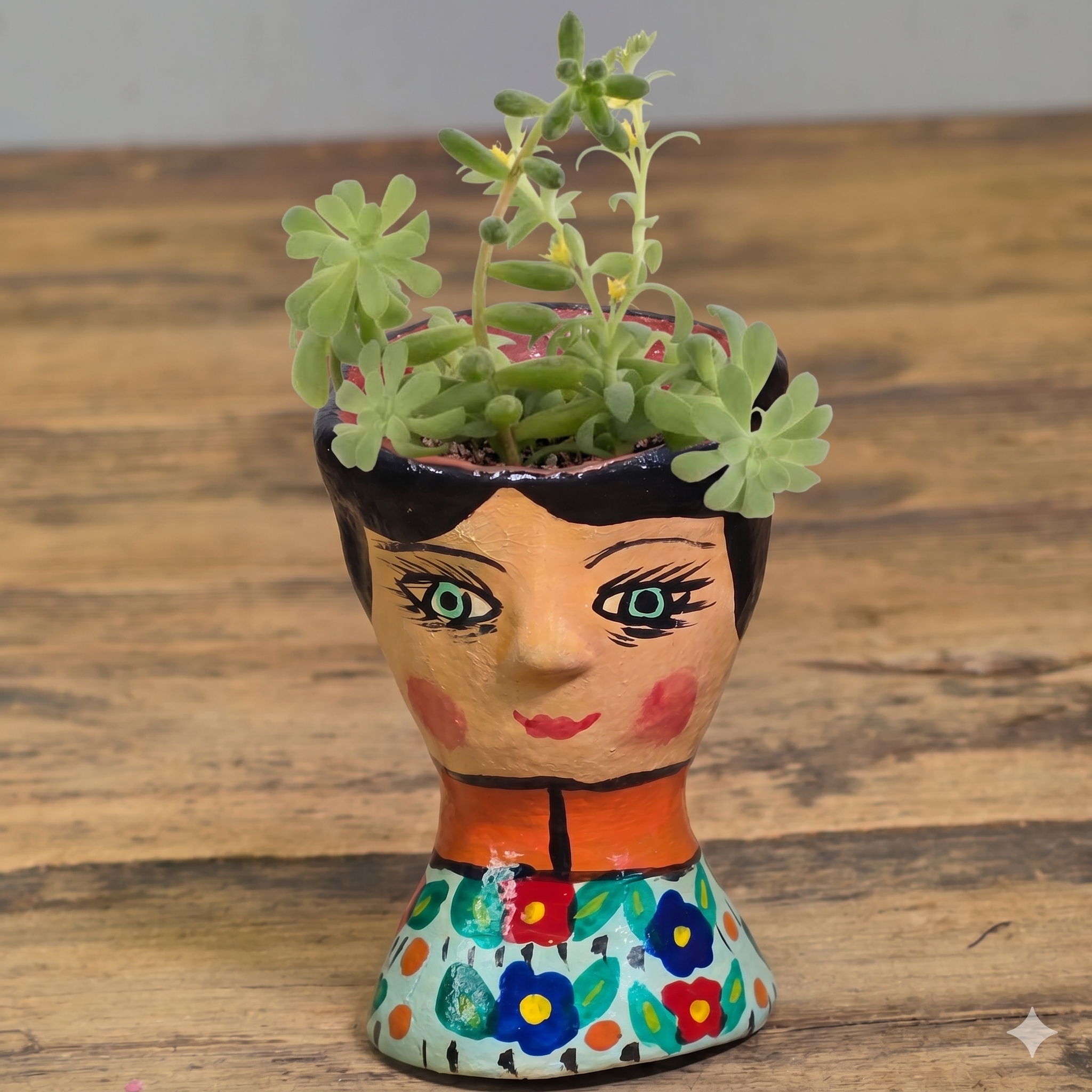 Vintage Guatemala Folk Art Face Planter Egg Cup Ceramic Hand Painted Floral Mini