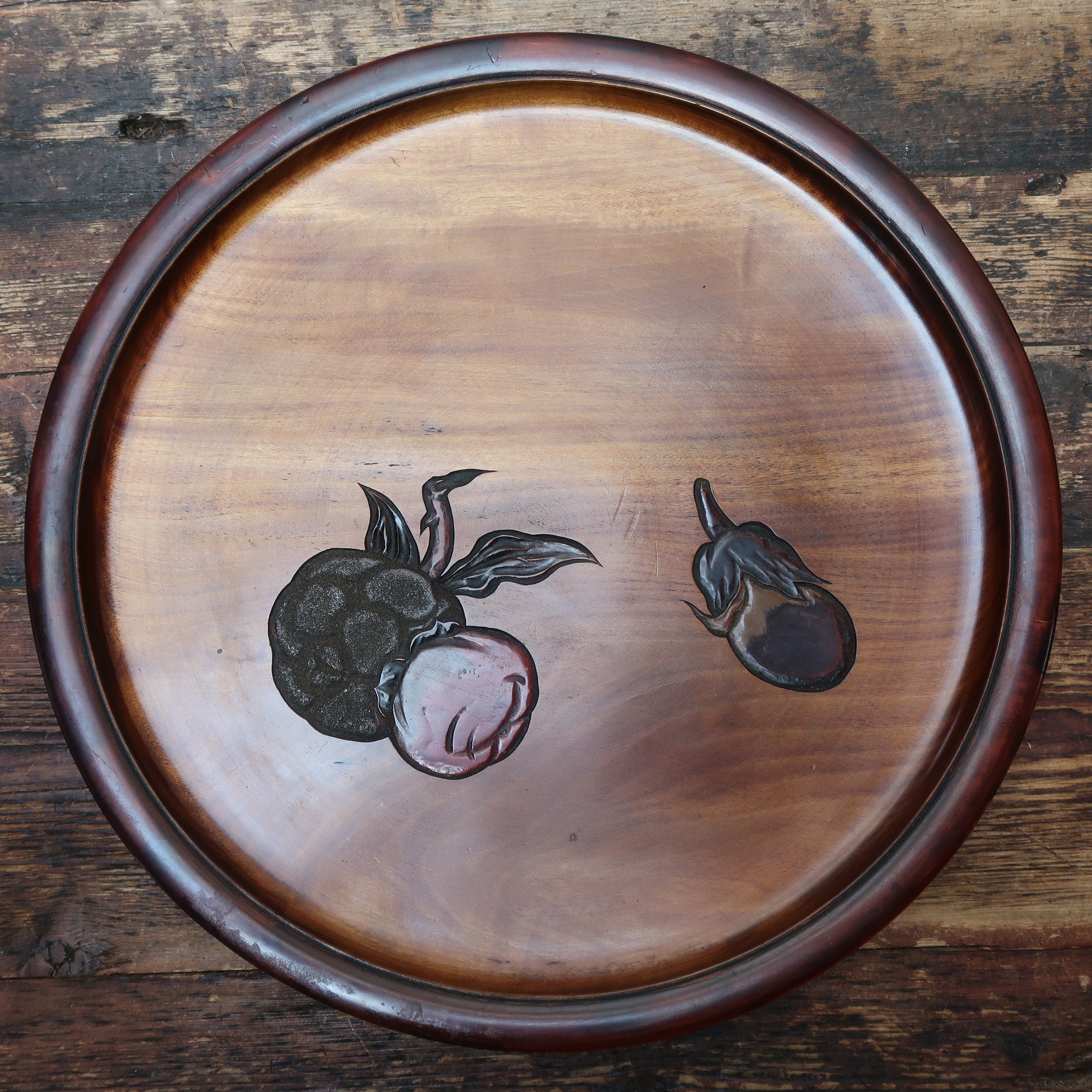 Japanese OBON Tray Hand Carved Fruits Vegetable 14" x 14" x 1" Vintage Ujyobori