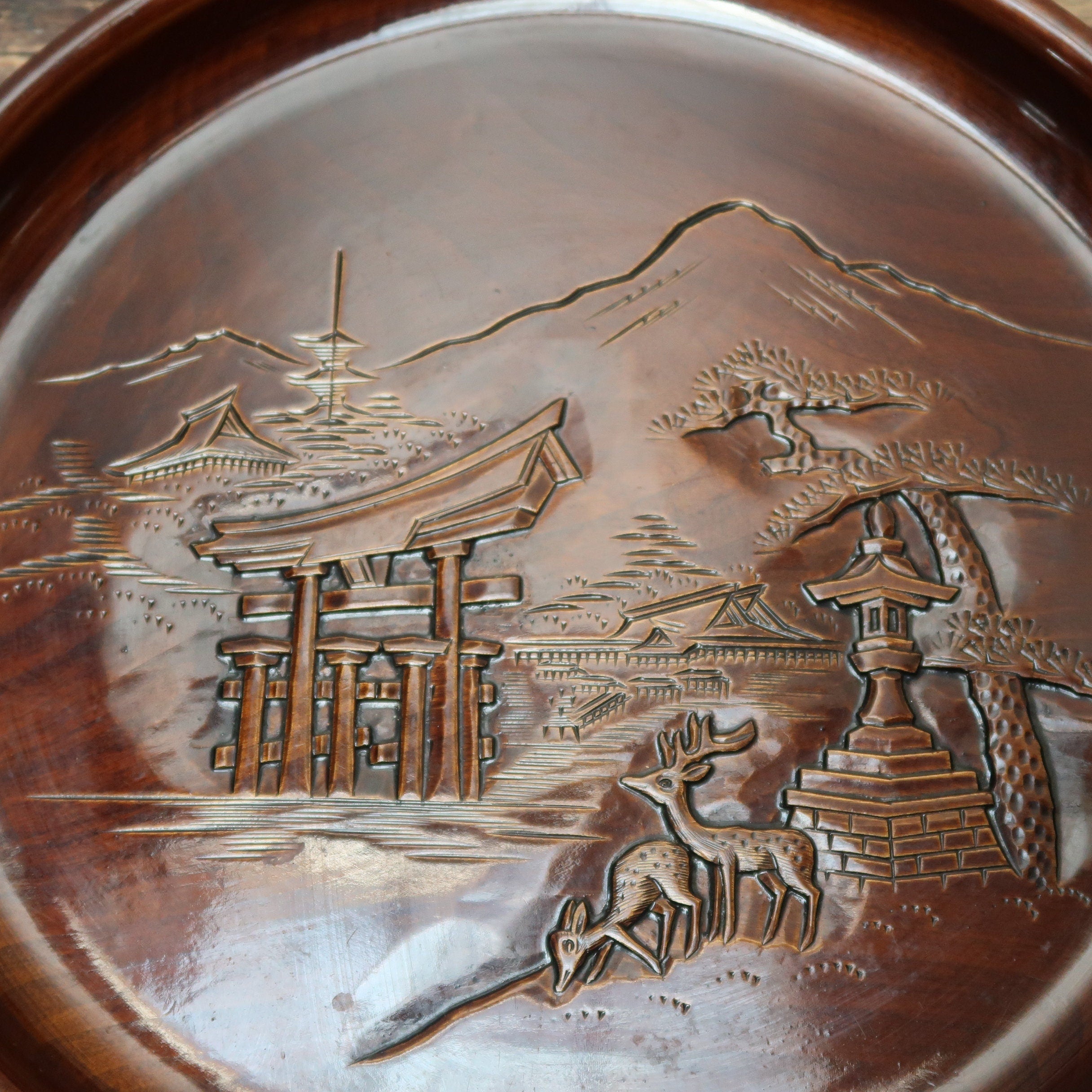 Japanese OBON Tray Hand Carved Miyajimabori 12.5" x 12.5" x 1.5" Vintage