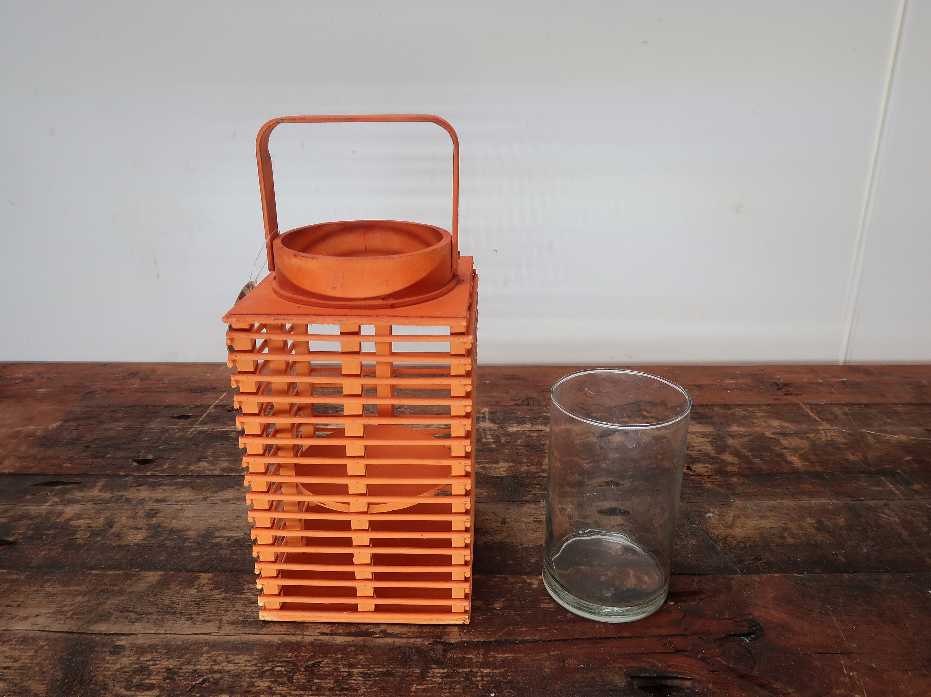 Orange Bamboo Candle Lantern With Handle 5.5" x 5.5" x H 9.5"