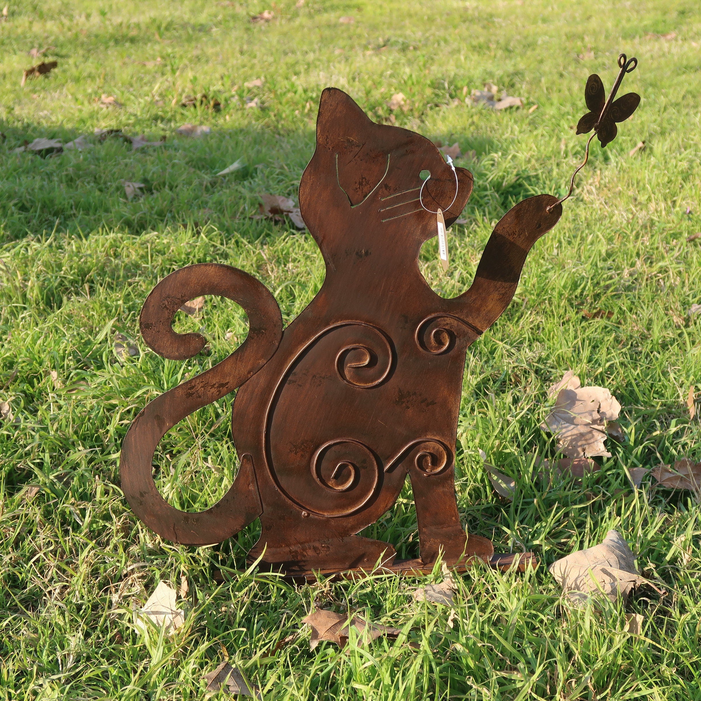 Large Rusty Metal Cats Playing With Butterflies (Set of 2) Free U.S. Shipping