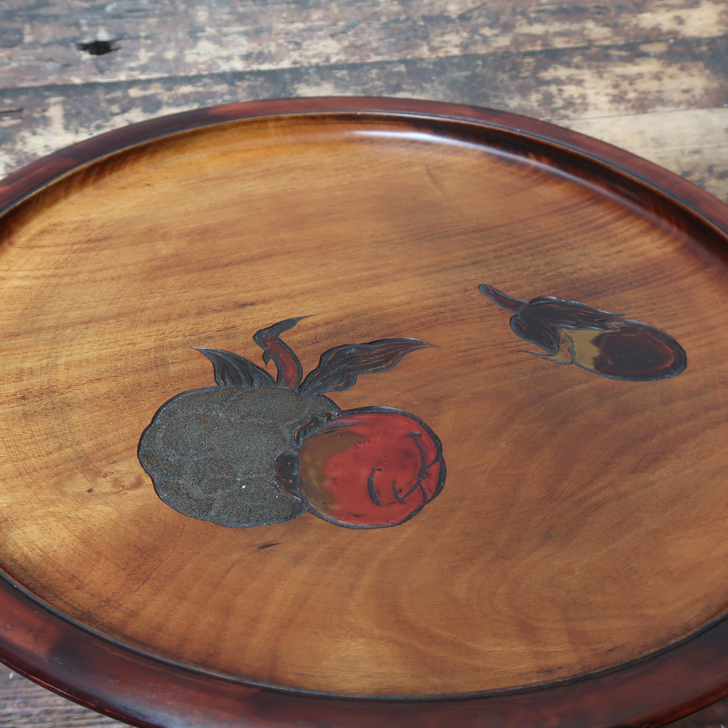 Japanese OBON Tray Hand Carved Fruits Vegetable 14" x 14" x 1" Vintage Ujyobori