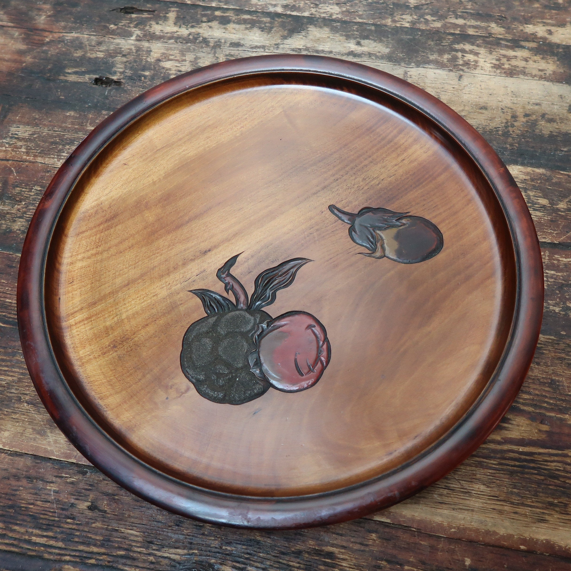 Japanese OBON Tray Hand Carved Fruits Vegetable 14" x 14" x 1" Vintage Ujyobori